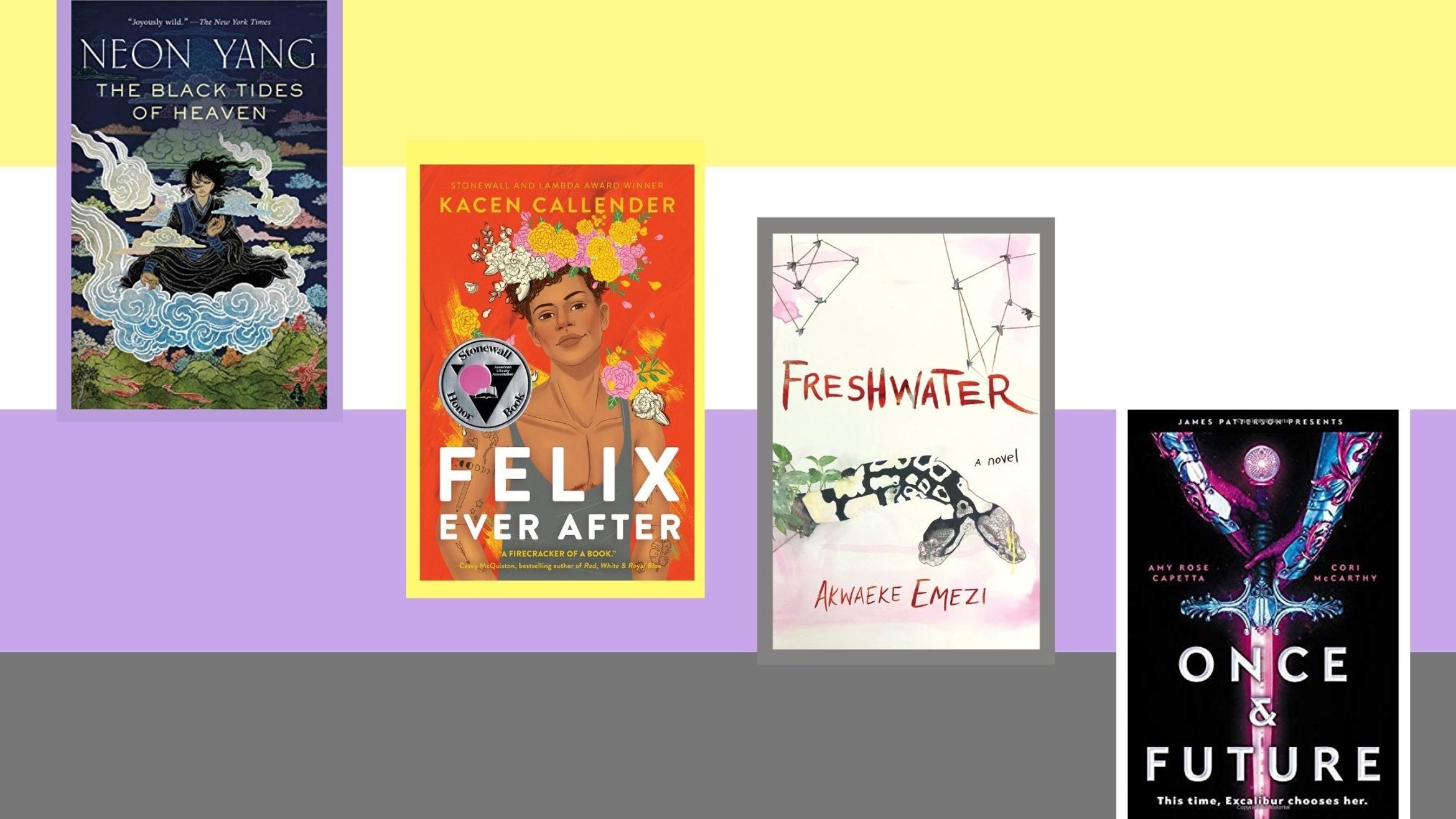 Four book covers superimposed on the nonbinary flag colors